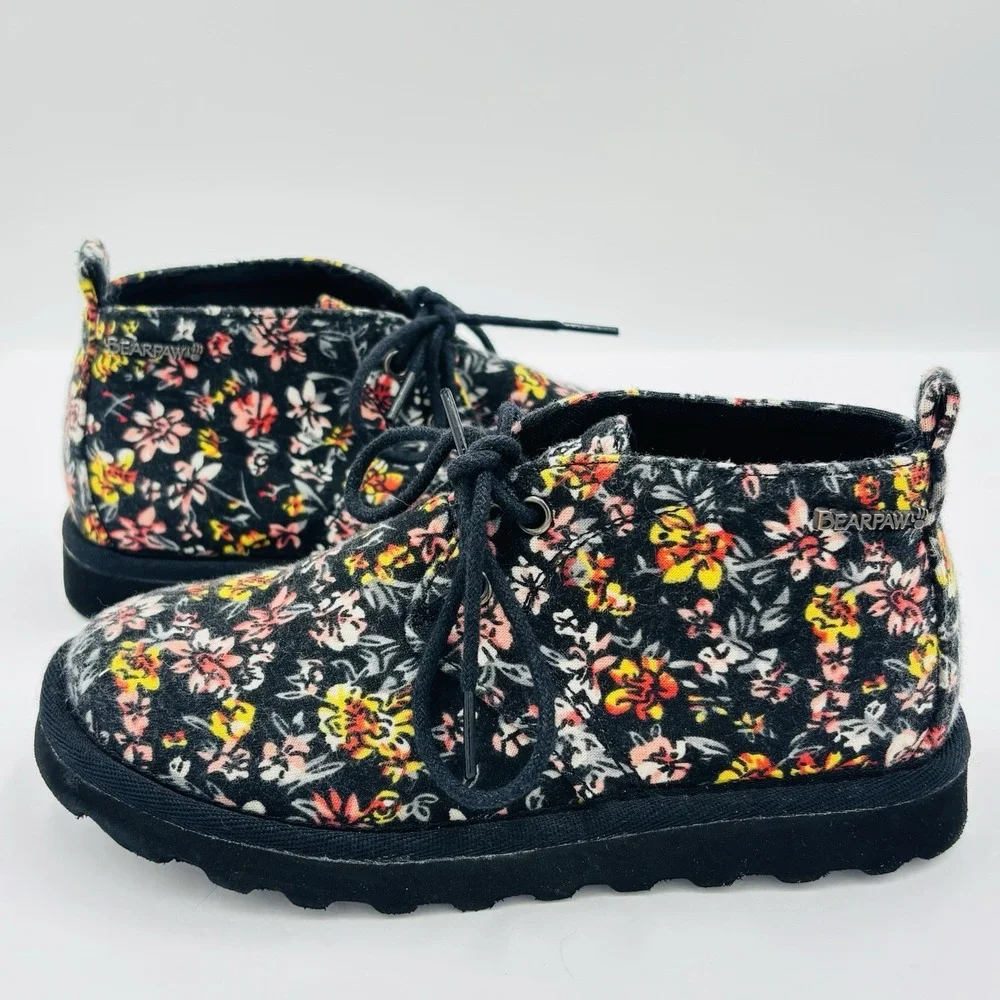 BEARPAW Skye Youth Black Floral Chukka Booties Soft Canvas Size 13 Girls